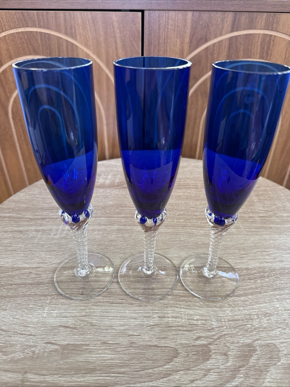 Set of 3 Colony Cobalt Blue Champagne Flutes, MCM, Pirouette with Twisted stems